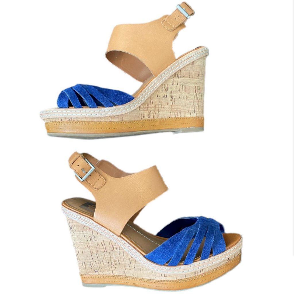Dolce Viata Blue Suede And Tan Leather Cork Wedges